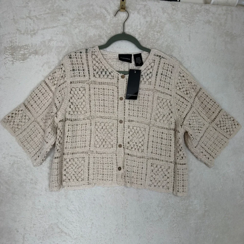 Liv Los Angeles Crochet Granny Square Cardigan XL Cream Boho NWT Western Layer